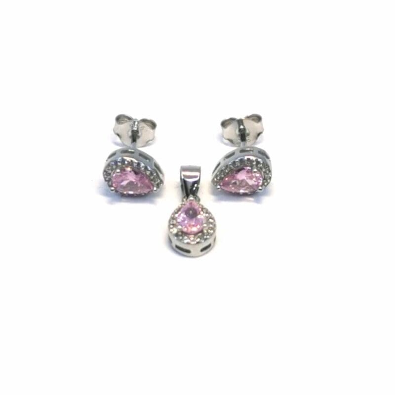 White-pink stone drop earring with plug earrings pendant in hallmarked, rhodium-plated 925 sterling silver – front set view – DRESCHER Jewellery®
