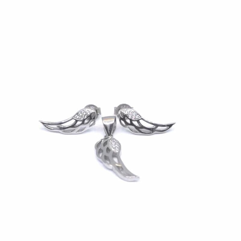 White stone angel winged earrings with plug earrings pendant in hallmarked, rhodium-plated 925 sterling silver – front set view – DRESCHER Jewellery®