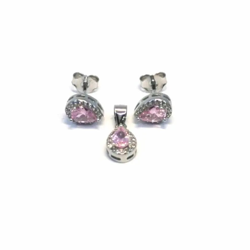 White-pink stone drop earring with plug earrings pendant in hallmarked, rhodium-plated 925 sterling silver – front set view – DRESCHER Jewellery®