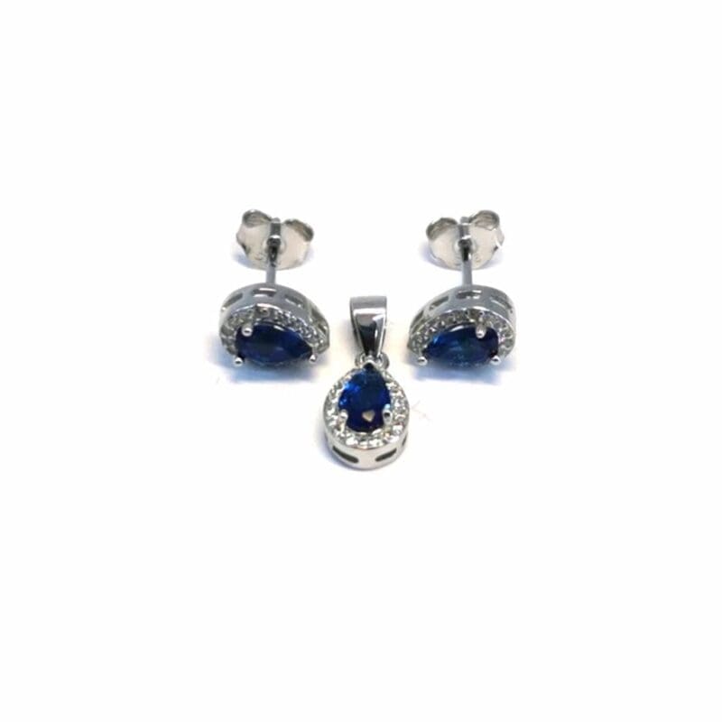 White-dark blue stone drop earring with plug earring pendant in hallmarked, rhodium-plated 925 sterling silver – front set view – DRESCHER Jewellery®