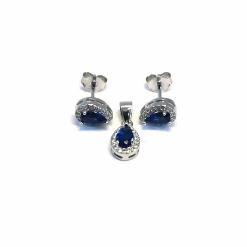White-dark blue stone drop earring with plug earring pendant in hallmarked, rhodium-plated 925 sterling silver – front set view – DRESCHER Jewellery®