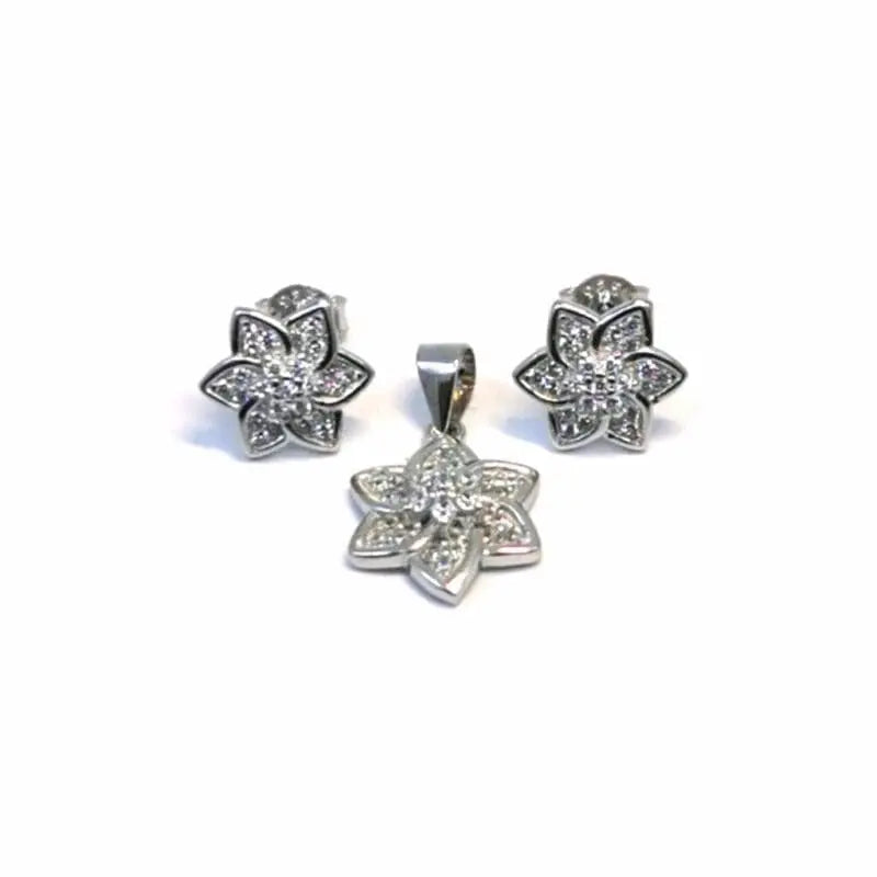 White stone flower earrings with silver clasp pendant in hallmarked, rhodium-plated 925 sterling silver – front set view – DRESCHER Jewellery®