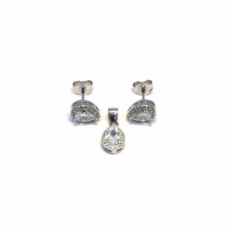 White stone drop earring with plug earrings pendant in hallmarked, rhodium-plated 925 sterling silver – front set view – DRESCHER Jewellery®
