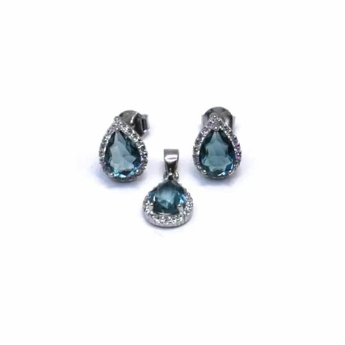 Light blue stones silver stud earrings with pendant in hallmarked, rhodium-plated 925 sterling silver – front view – DRESCHER Jewellery®