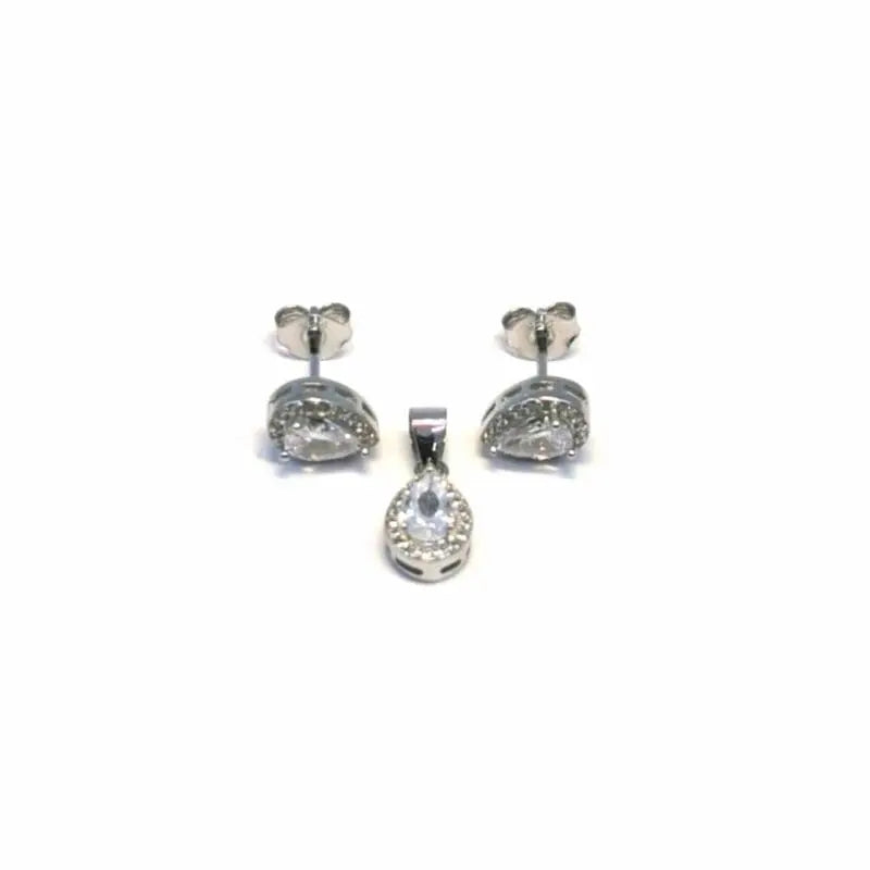 White stone drop earring with plug earrings pendant in hallmarked, rhodium-plated 925 sterling silver – front set view – DRESCHER Jewellery®