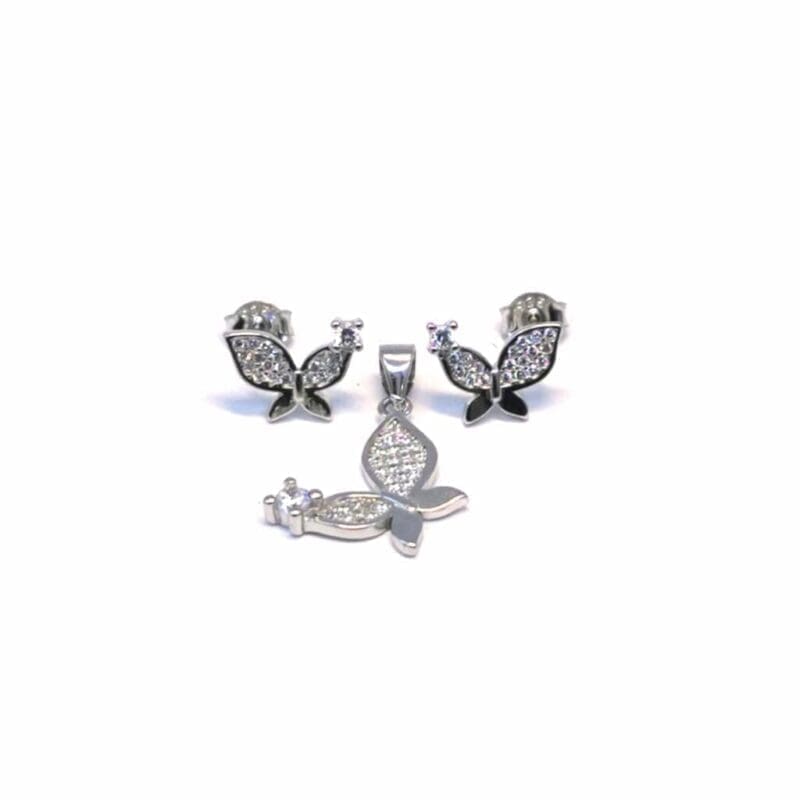 White stone silver butterfly earrings with silver plug earrings pendant in hallmarked, rhodium-plated 925 sterling silver – front set view – DRESCHER Jewellery®