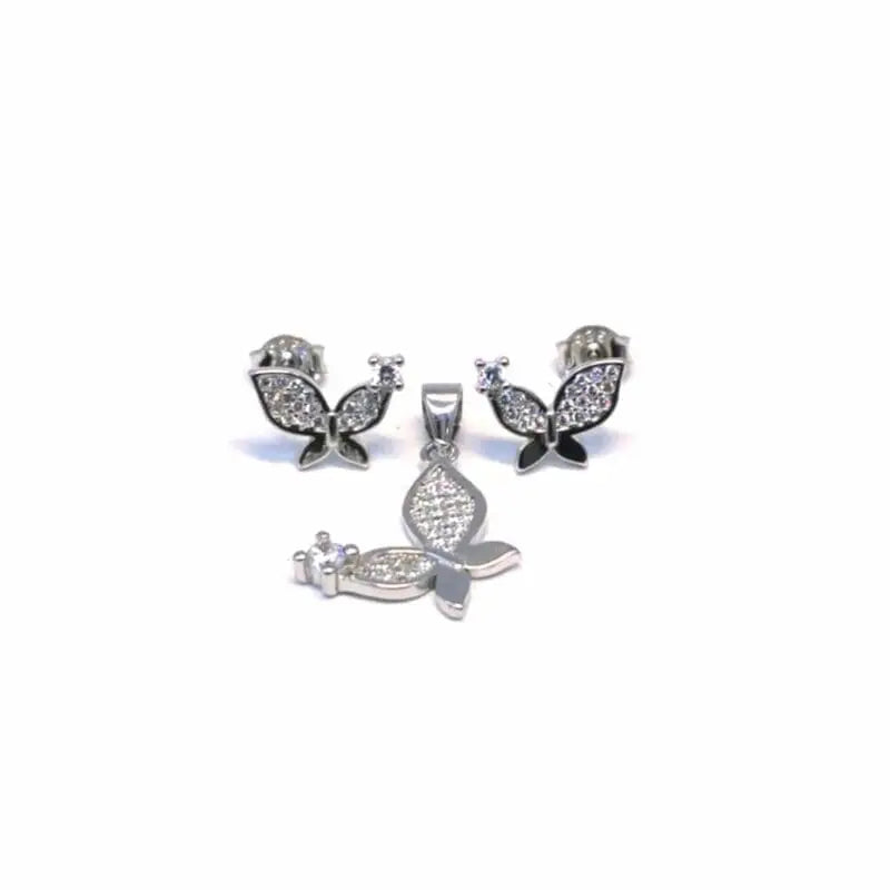 White stone silver butterfly earrings with silver plug earrings pendant in hallmarked, rhodium-plated 925 sterling silver – front set view – DRESCHER Jewellery®