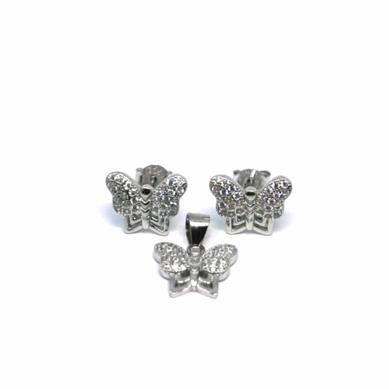 white stone butterfly earrings and pendant set in hallmarked, rhodium-plated 925 sterling silver – alternate front view – DRESCHER Jewellery®