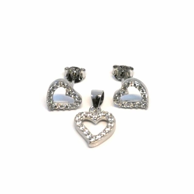 White stone heart earrings with silver plug earrings pendant in hallmarked, rhodium-plated 925 sterling silver – front set view – DRESCHER Jewellery®
