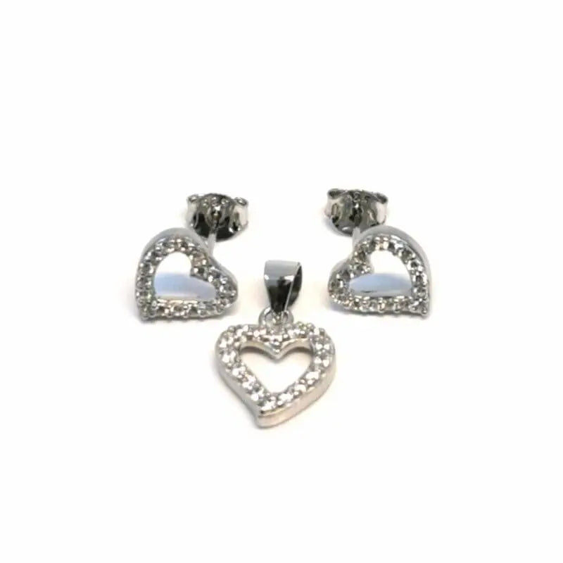 White stone heart earrings with silver plug earrings pendant in hallmarked, rhodium-plated 925 sterling silver – front set view – DRESCHER Jewellery®