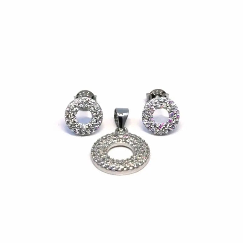 White stone circle earrings with silver studs and pendant