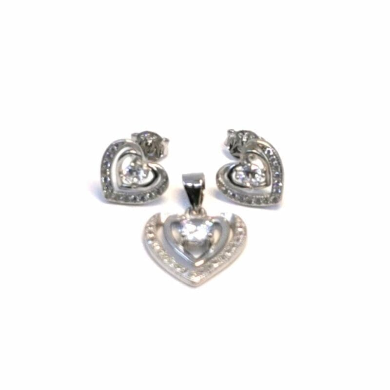 White stone heart earrings with silver plug earrings pendant in hallmarked, rhodium-plated 925 sterling silver – front set view – DRESCHER Jewellery®
