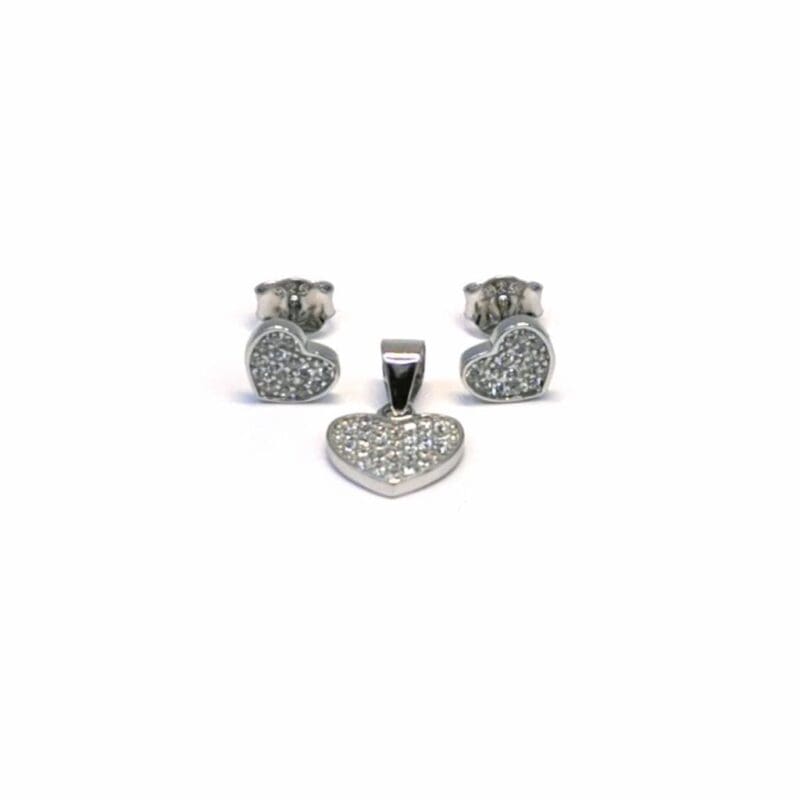 White stone heart earrings with silver plug earrings pendant in hallmarked, rhodium-plated 925 sterling silver – front set view – DRESCHER Jewellery®