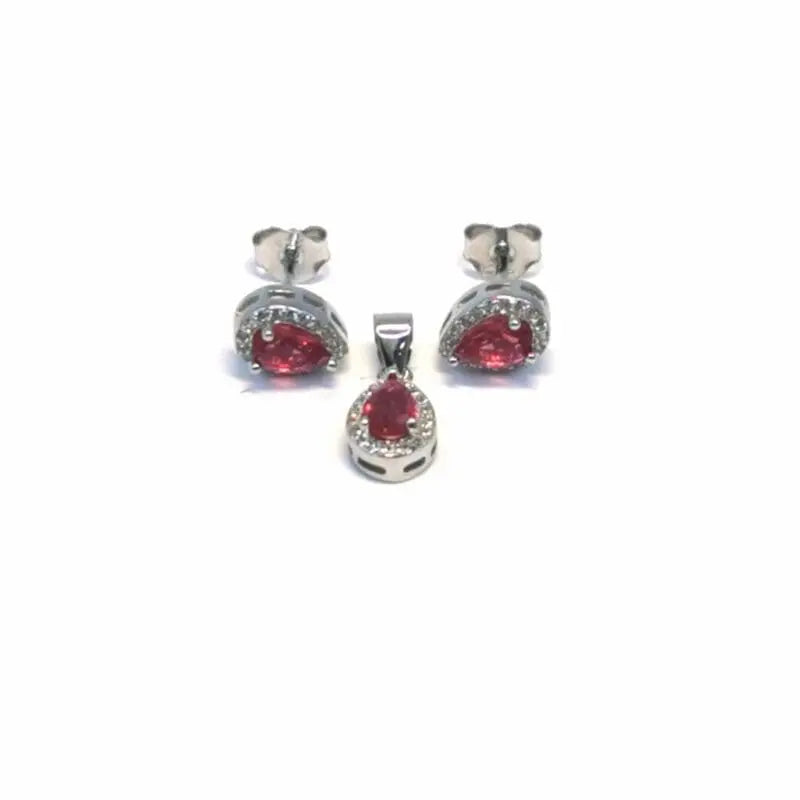White-red stone drop earring with plug earring pendant in hallmarked, rhodium-plated 925 sterling silver – front set view – DRESCHER Jewellery®