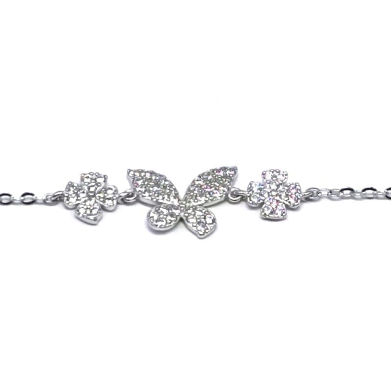 white stone butterfly bracelet with small flower in hallmarked, rhodium-plated 925 sterling silver – detail view – DRESCHER Jewellery®