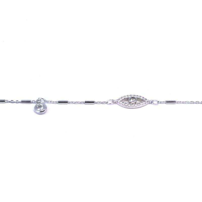 white stone chain bracelet with eye motif in hallmarked, rhodium-plated 925 sterling silver – detail view – DRESCHER Jewellery®