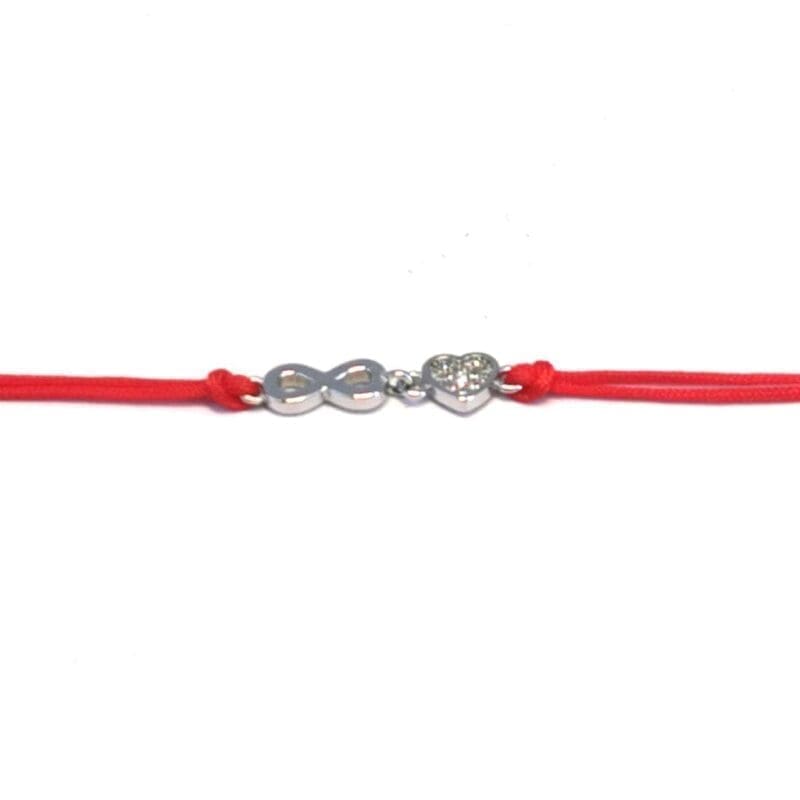 white stone heart-end mark double threaded red cotton bracelet with hallmarked, rhodium-plated 925 sterling silver motif – full front view – DRESCHER Jewellery®