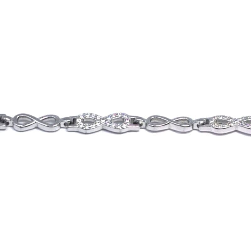 white stone infinity sign bracelet in hallmarked, rhodium-plated 925 sterling silver – full front view – DRESCHER Jewellery®