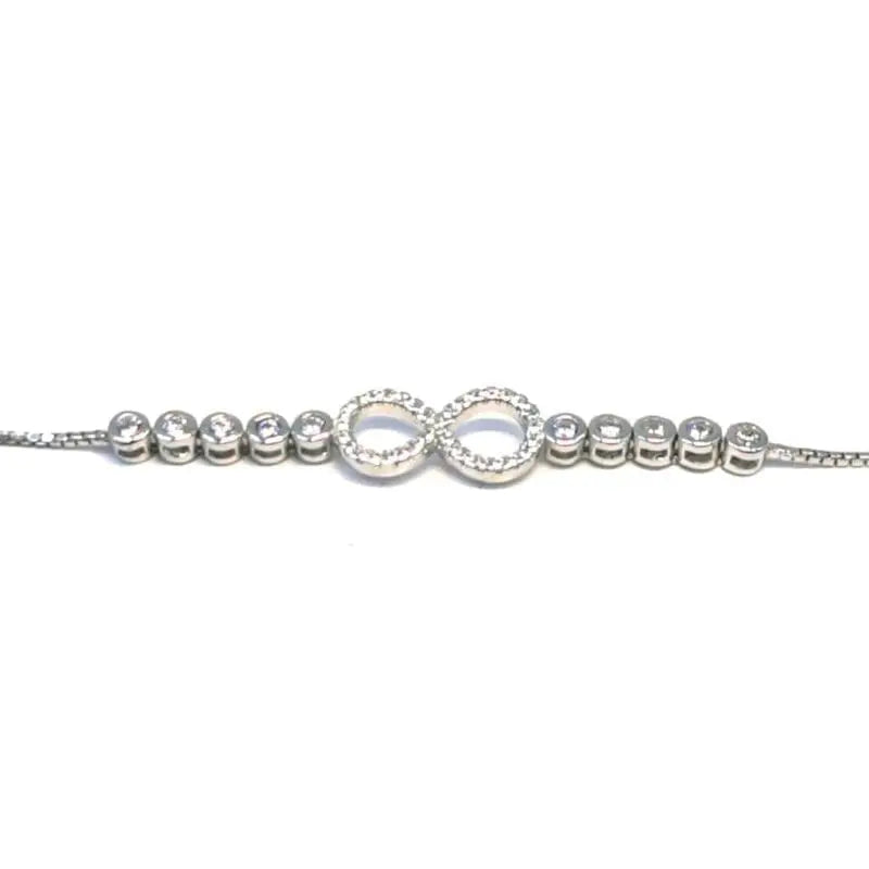 white stone infinity sign button bracelet in hallmarked, rhodium-plated 925 sterling silver – front view – DRESCHER Jewellery®