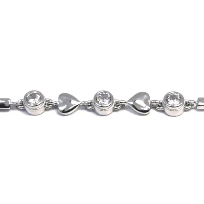 white stone heart bracelet with 3 buttons in hallmarked, rhodium-plated 925 sterling silver – full front view – DRESCHER Jewellery®