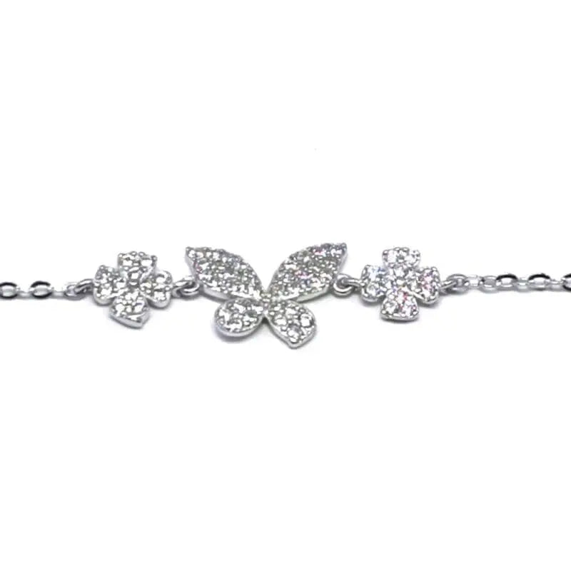 white stone butterfly bracelet with small flower in hallmarked, rhodium-plated 925 sterling silver – front view – DRESCHER Jewellery®