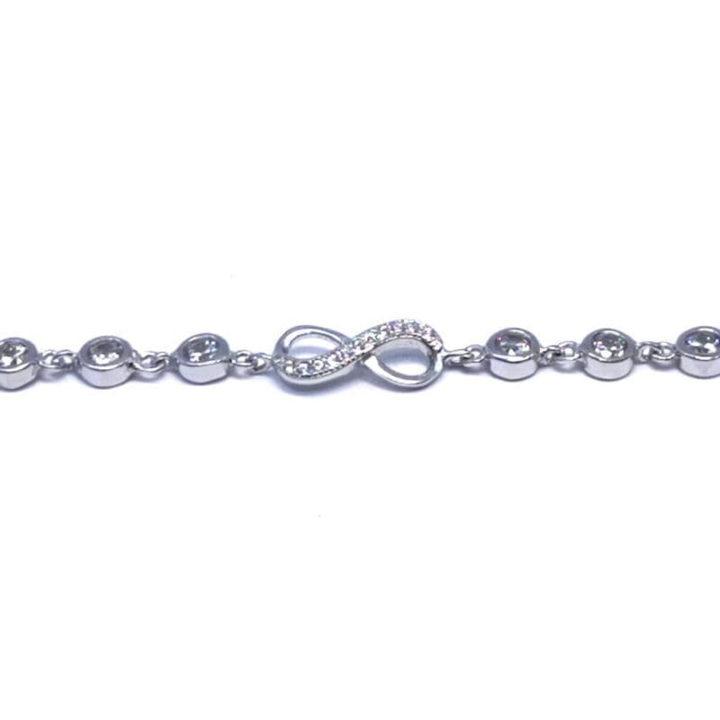 white stone infinity sign bracelet with thin chain in hallmarked, rhodium-plated 925 sterling silver – alternate front view – DRESCHER Jewellery®