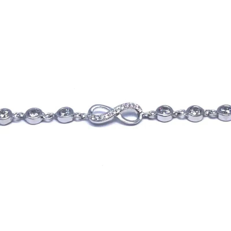 white stone infinity sign bracelet with thin chain in hallmarked, rhodium-plated 925 sterling silver – front view – DRESCHER Jewellery®