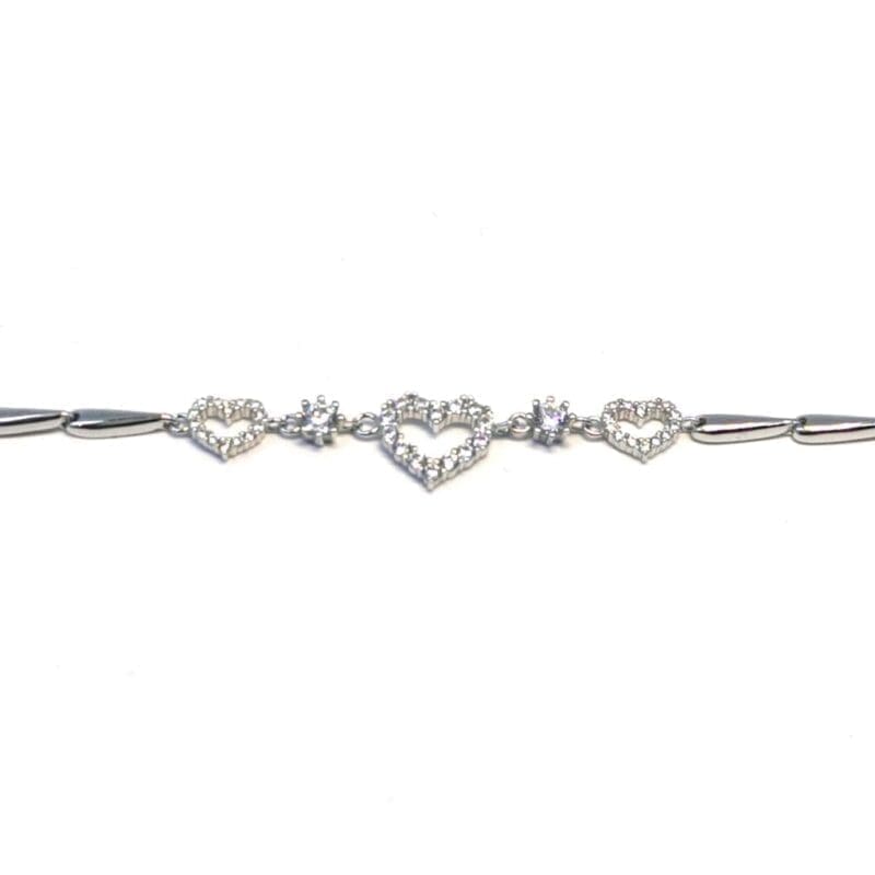 white stone bracelet with 3 hearts in hallmarked, rhodium-plated 925 sterling silver – full front view – DRESCHER Jewellery®