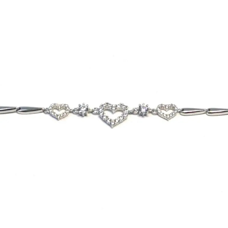 white stone bracelet with 3 hearts in hallmarked, rhodium-plated 925 sterling silver – full front view – DRESCHER Jewellery®
