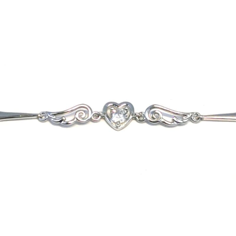 white stone heart bracelet with angel wings in hallmarked, rhodium-plated 925 sterling silver – alternate front view – DRESCHER Jewellery®
