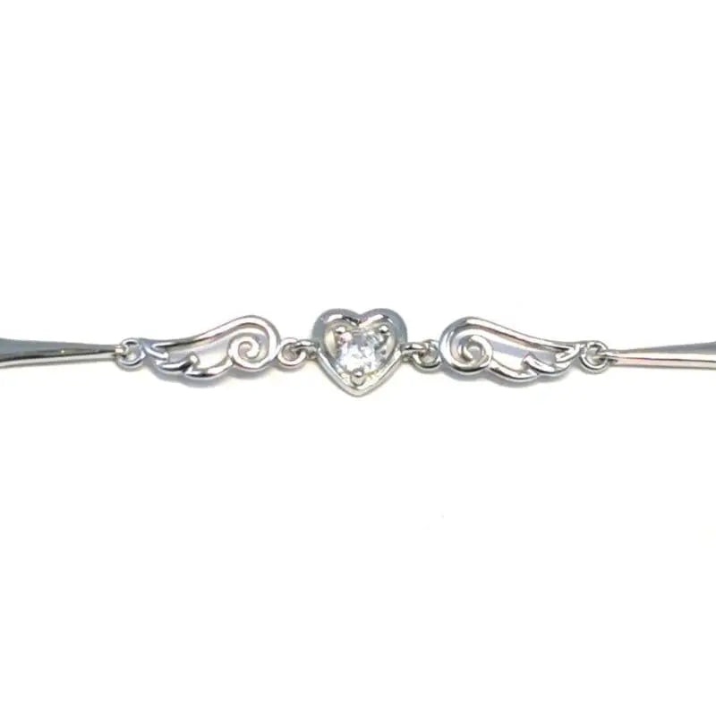 white stone heart bracelet with angel wings in hallmarked, rhodium-plated 925 sterling silver – front view – DRESCHER Jewellery®