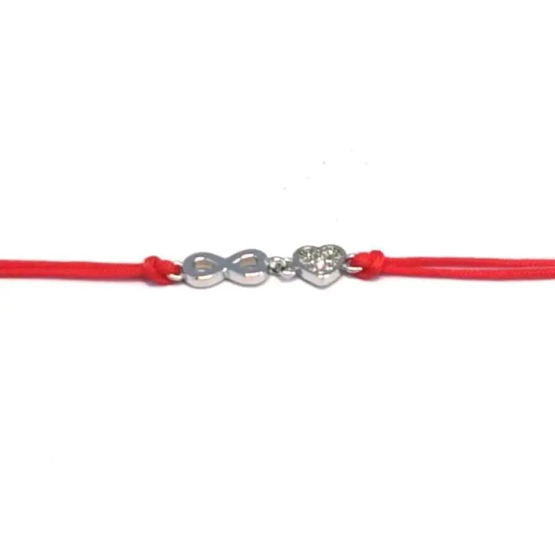 white stone heart-end mark double threaded red cotton bracelet with hallmarked, rhodium-plated 925 sterling silver motif – full front view – DRESCHER Jewellery®