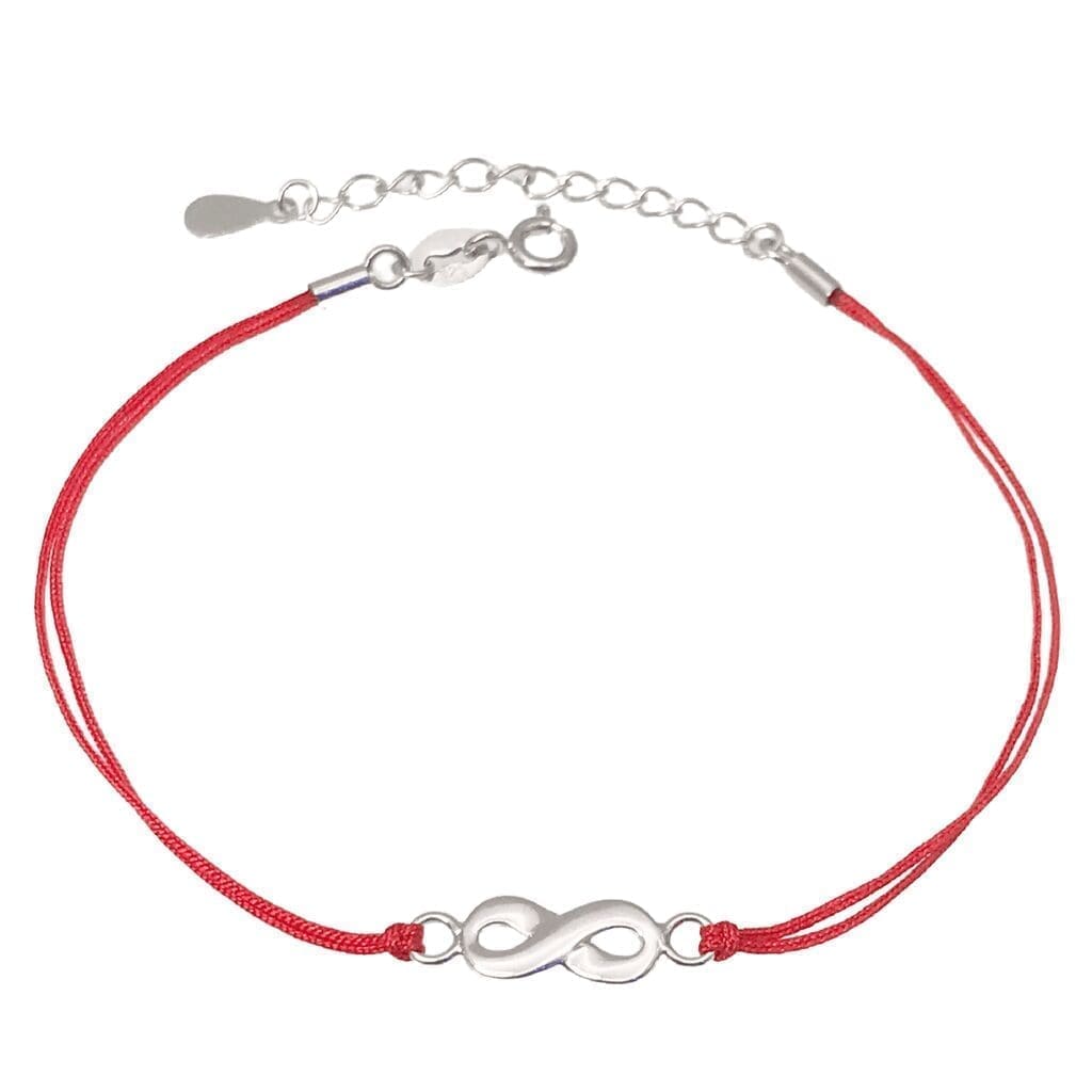 Red cotton anklet with silver infinity sign 23cm+3cm extender in hallmarked, rhodium-plated 925 sterling silver – alternate front view – DRESCHER Jewellery®