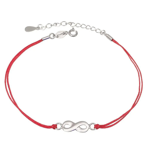 Red cotton anklet with silver infinity sign 23cm+3cm extender in hallmarked, rhodium-plated 925 sterling silver – front view – DRESCHER Jewellery®