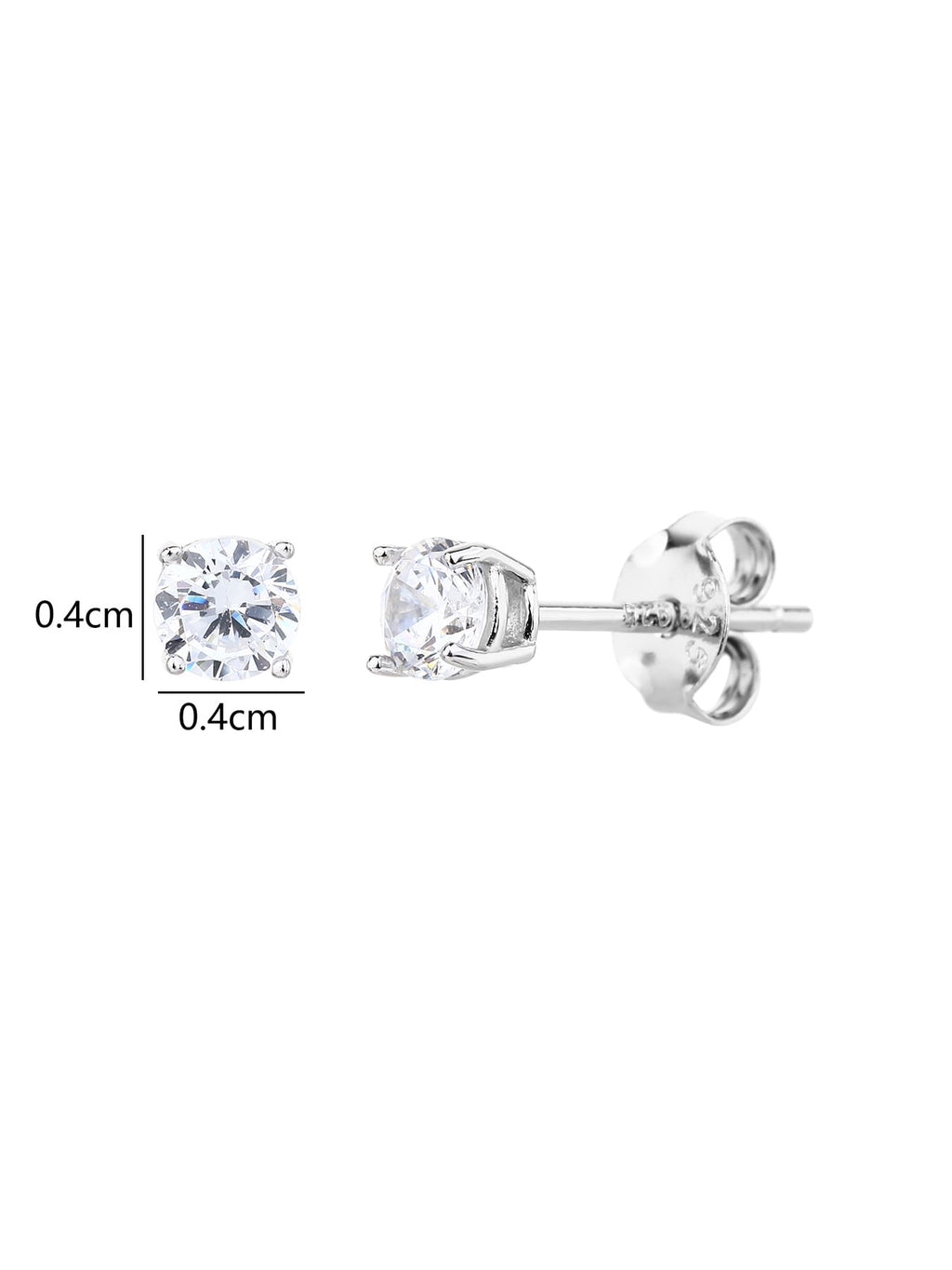 White cubic zirconia hallmarked, rhodium-plated 925 sterling silver stud earrings – dimensions and side view – DRESCHER Jewellery®
