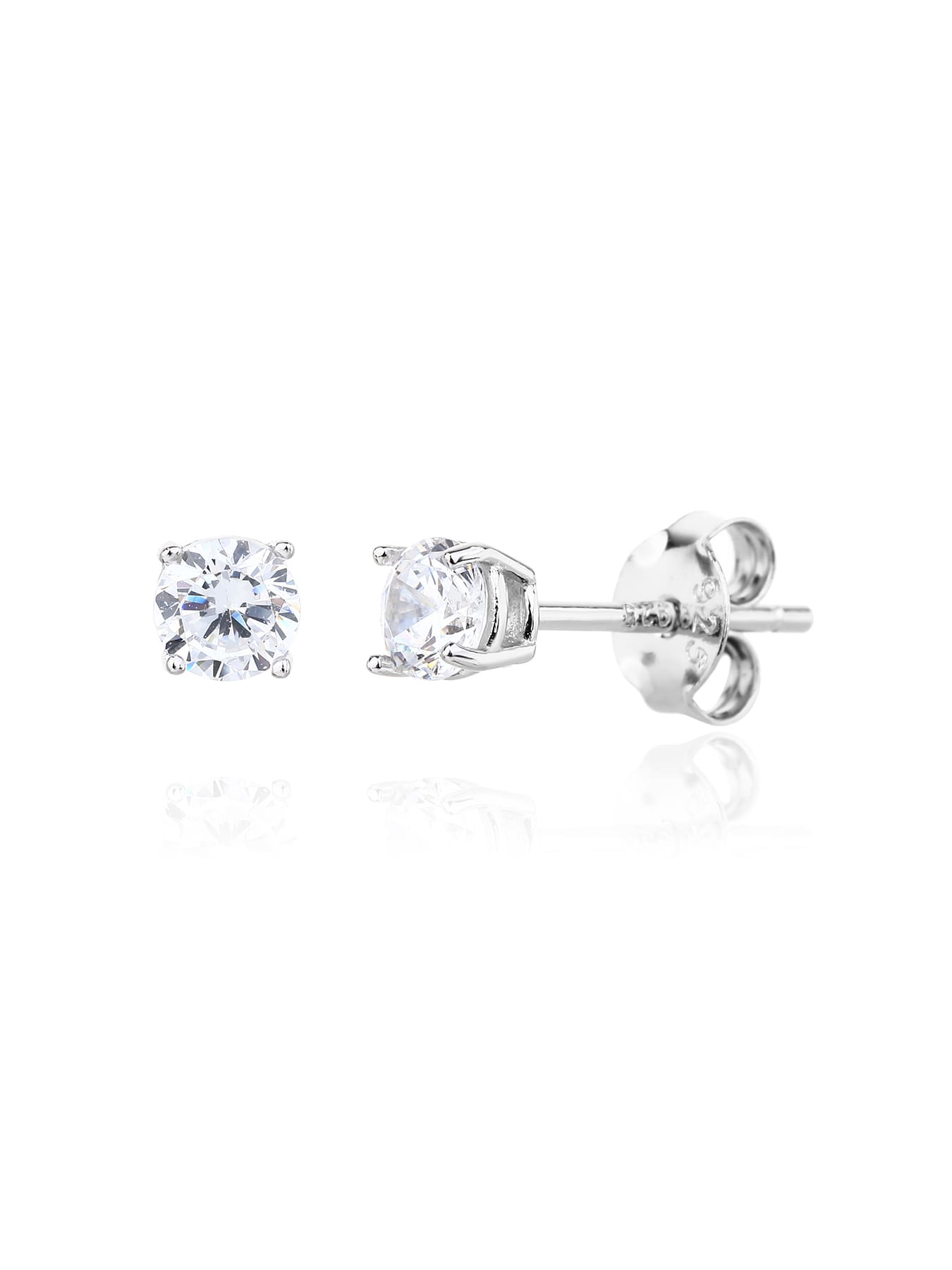 White cubic zirconia hallmarked, rhodium-plated 925 sterling silver stud earrings – front and side views – DRESCHER Jewellery®