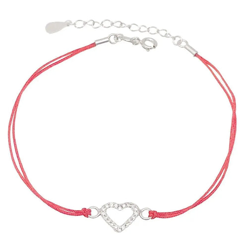 Red cotton with white stones silver heart ankle chain 23cm+3cm extender in hallmarked, rhodium-plated 925 sterling silver – front view – DRESCHER Jewellery®
