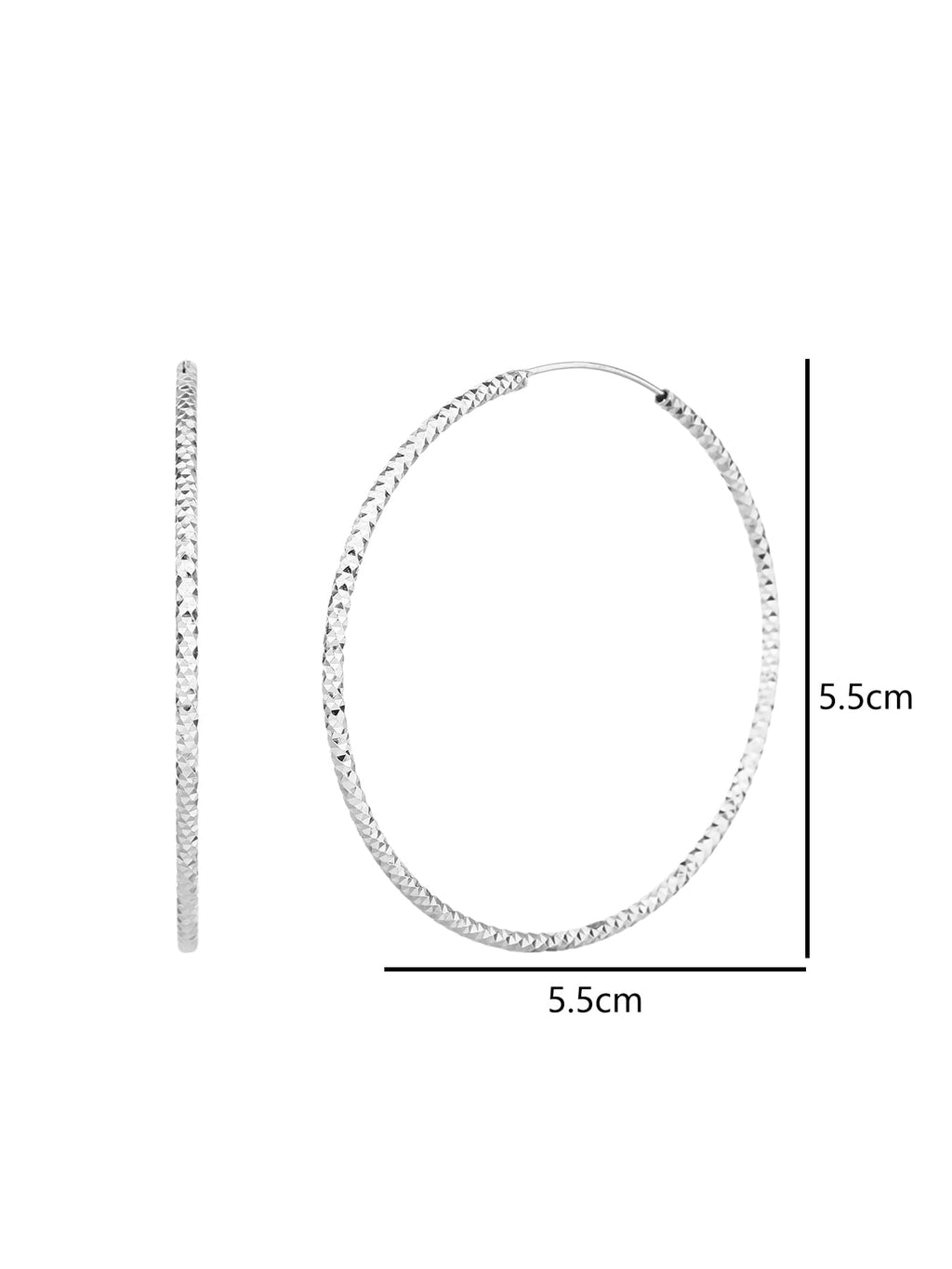 5.5 cm diamond-engraved hoop earrings in hallmarked, rhodium-plated 925 sterling silver – dimensions – DRESCHER Jewellery®