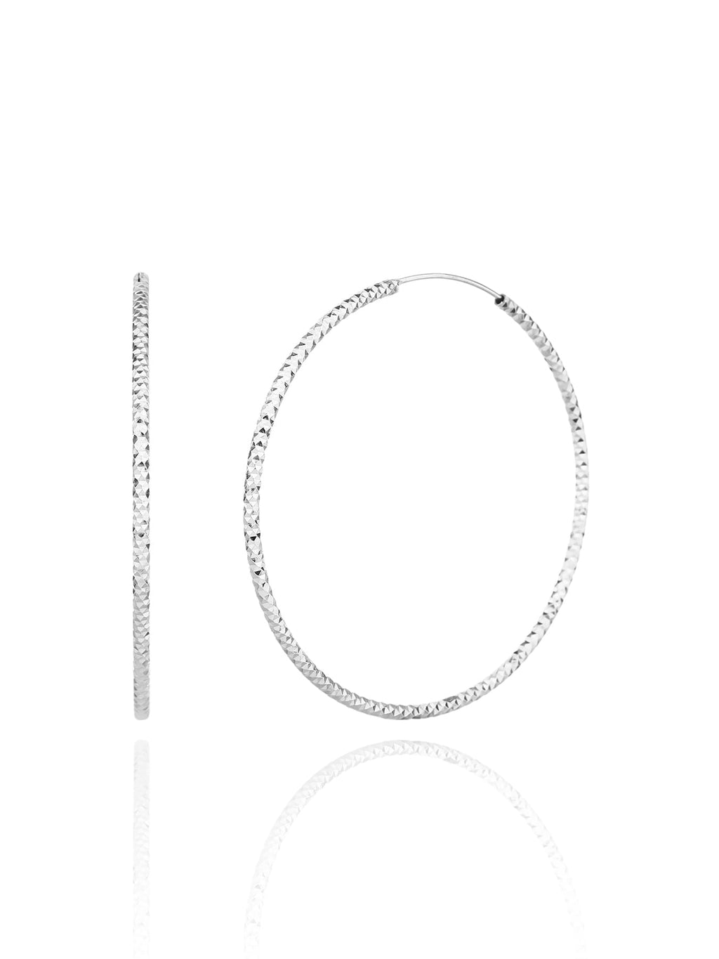 5.5 cm diamond-engraved hoop earrings in hallmarked, rhodium-plated 925 sterling silver – front and side views – DRESCHER Jewellery®