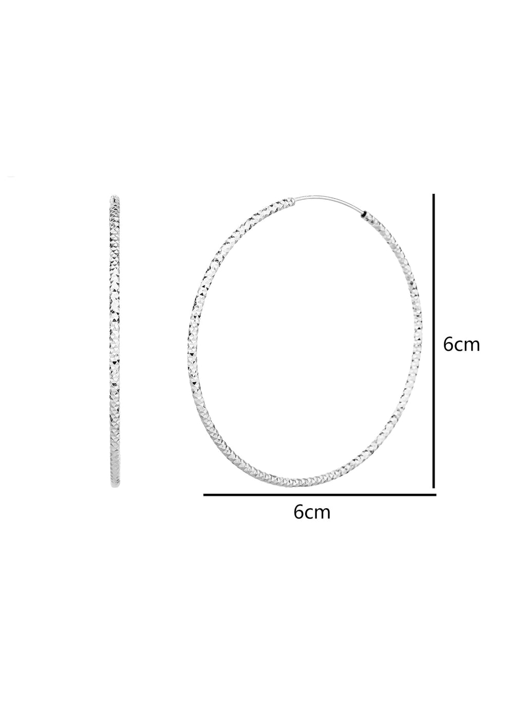 6 cm diamond-engraved hoop earrings in hallmarked, rhodium-plated 925 sterling silver – dimensions – DRESCHER Jewellery®