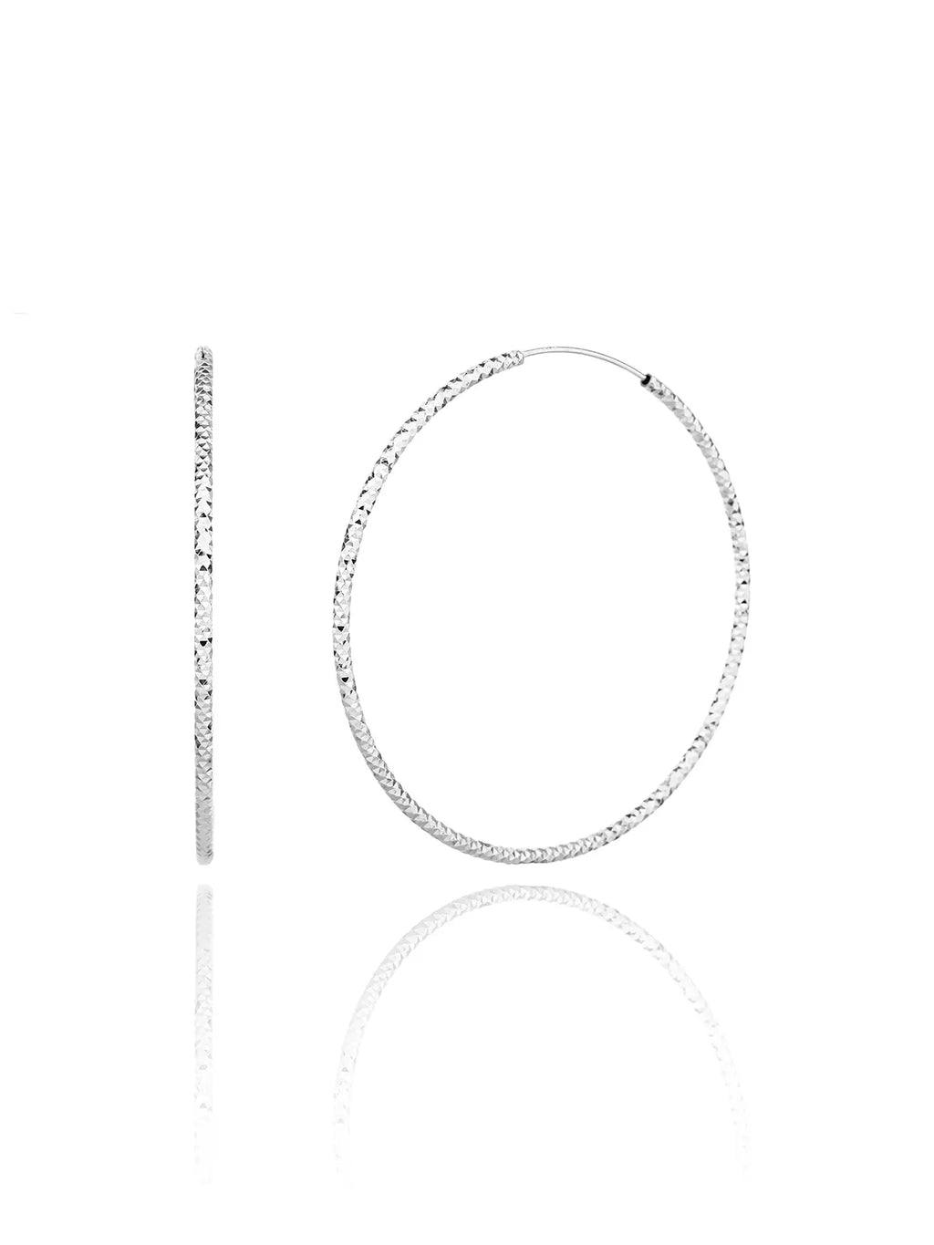 6 cm diamond-engraved hoop earrings in hallmarked, rhodium-plated 925 sterling silver – front and side views – DRESCHER Jewellery®