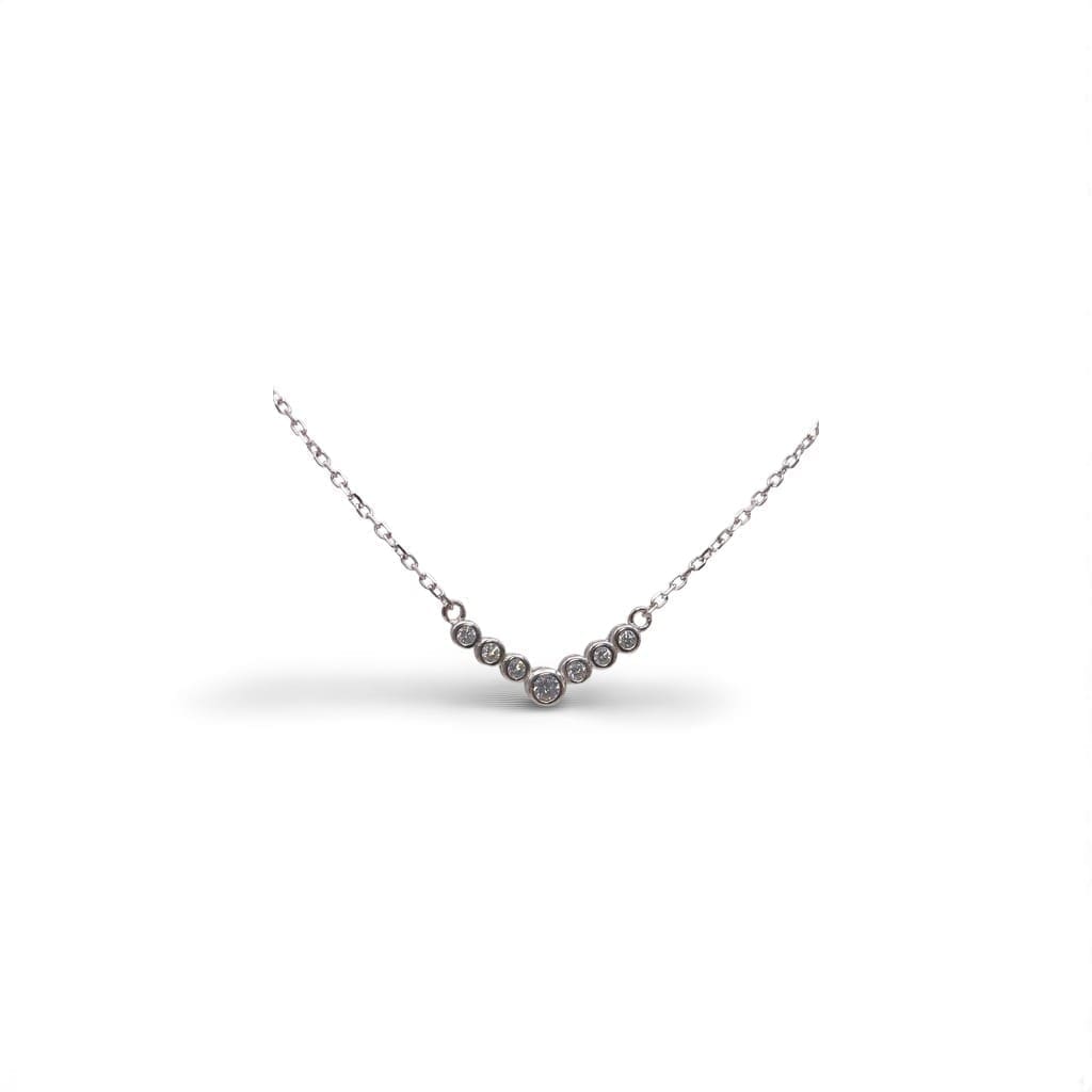 Elegant V-shaped necklace with white stones and a button setting in hallmarked, rhodium-plated 925 sterling silver – alternate front view – DRESCHER Jewellery®