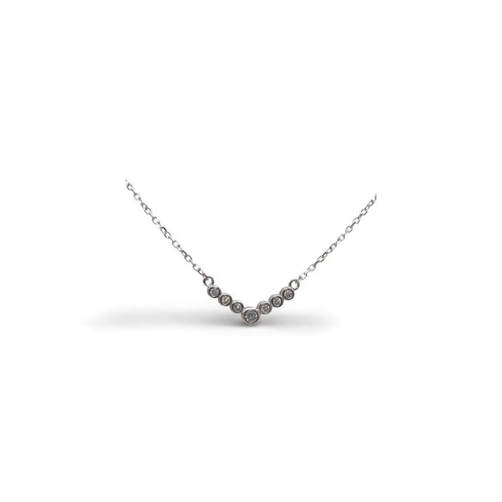 Elegant V-shaped necklace with white stones and a button setting in hallmarked, rhodium-plated 925 sterling silver – front view – DRESCHER Jewellery®