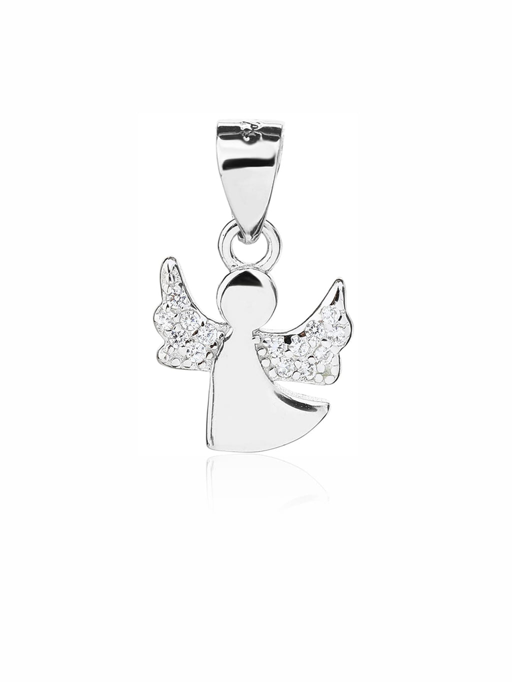 Cubic zirconia hallmarked, rhodium-plated 925 sterling silver angel pendant – front view – DRESCHER Jewellery®