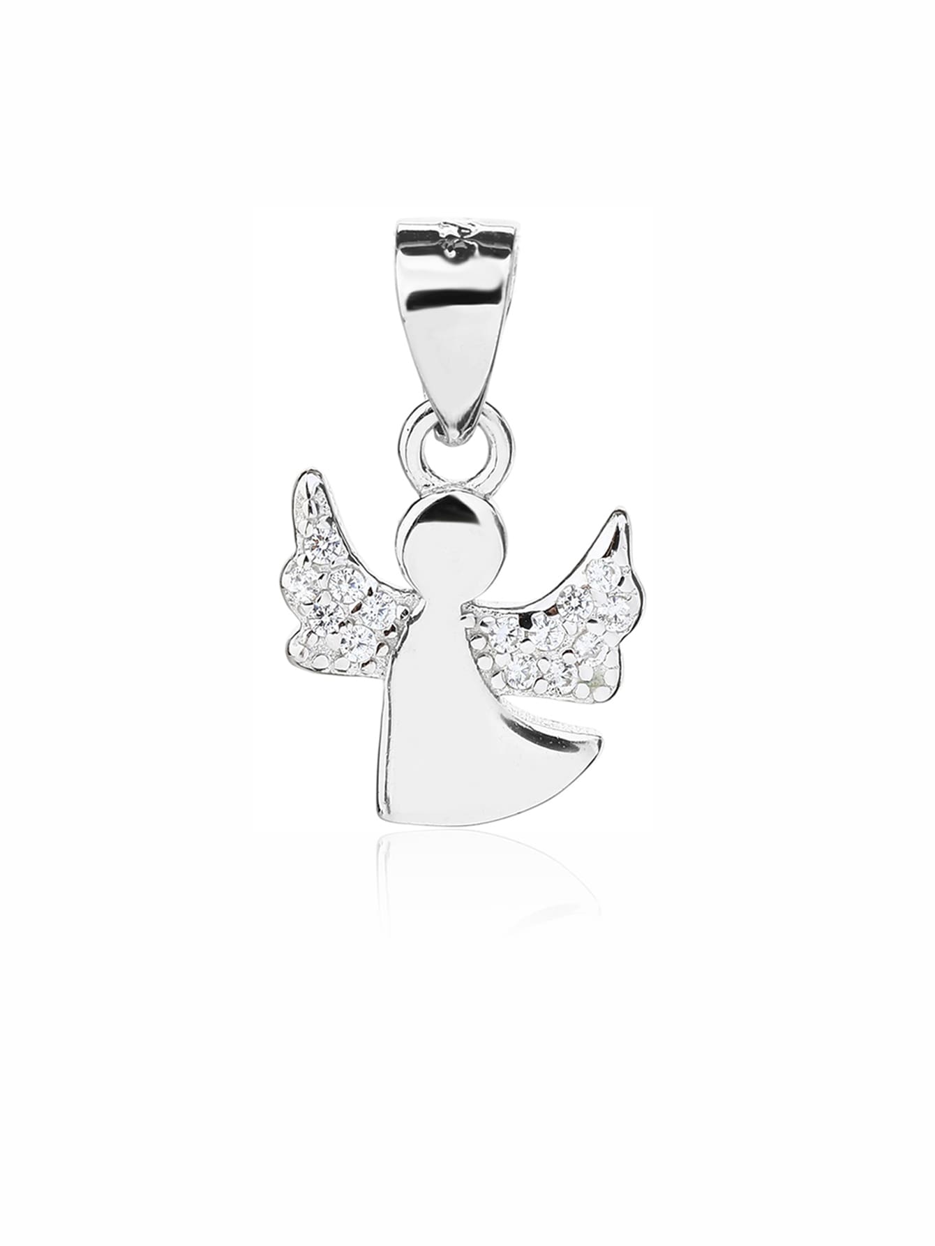 Cubic zirconia hallmarked, rhodium-plated 925 sterling silver angel pendant – front view – DRESCHER Jewellery®