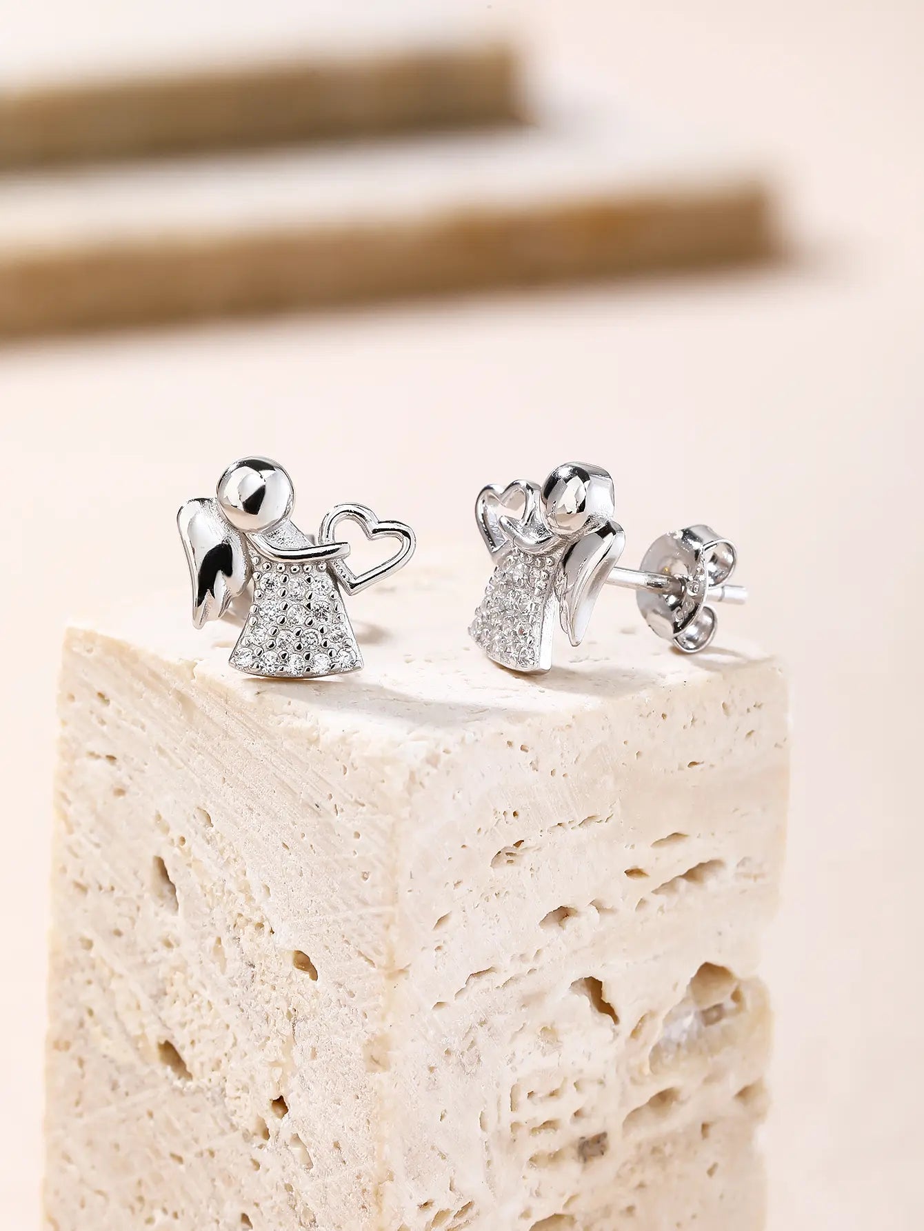Angel earrings with heart AG925 silver, rhodium plated
