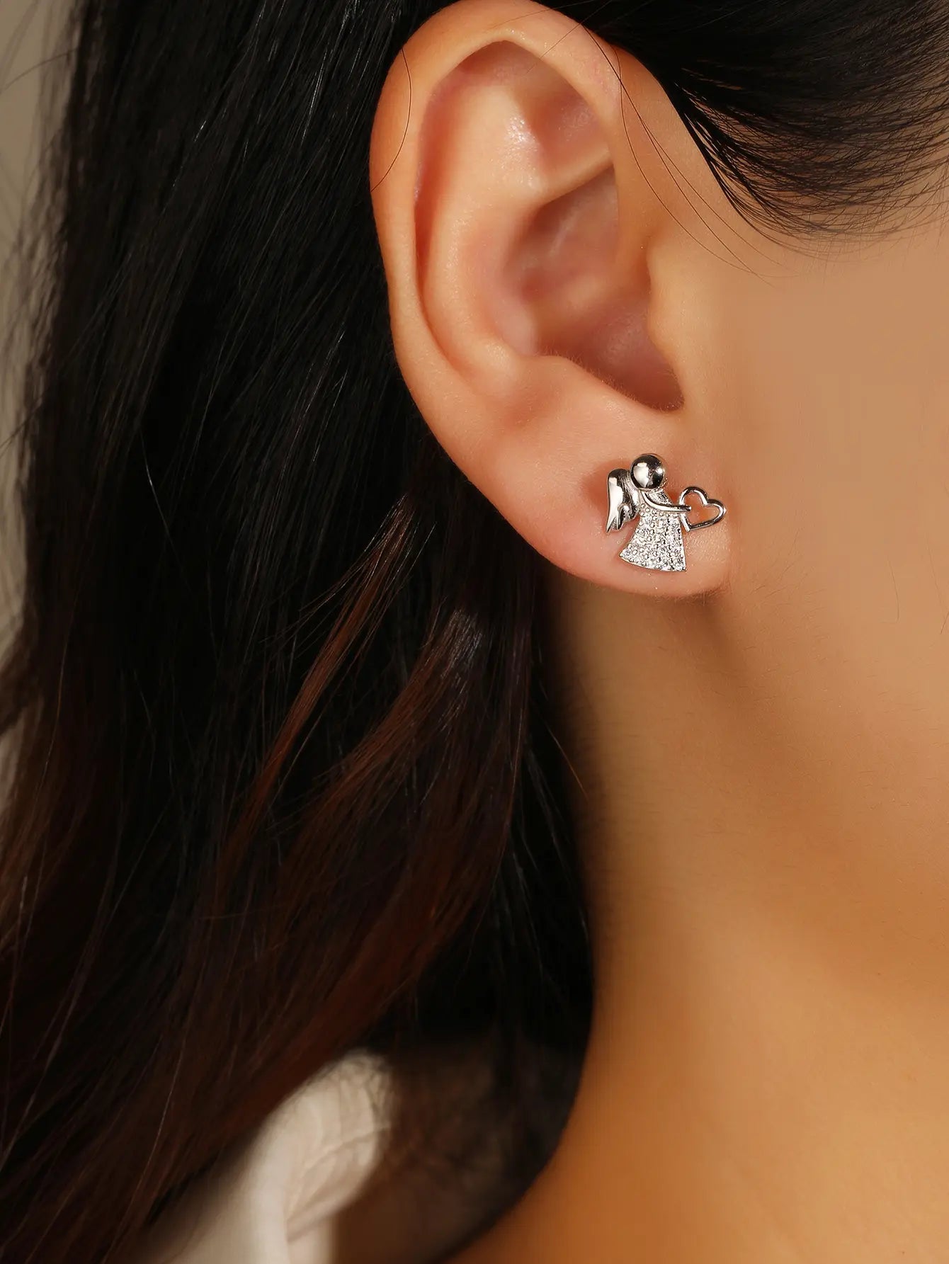 Angel earrings with heart AG925 silver, rhodium plated