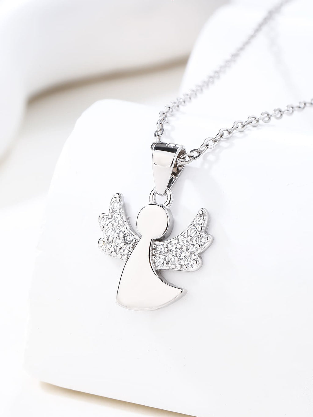 Cubic zirconia hallmarked, rhodium-plated 925 sterling silver angel pendant – displayed on chain – DRESCHER Jewellery®