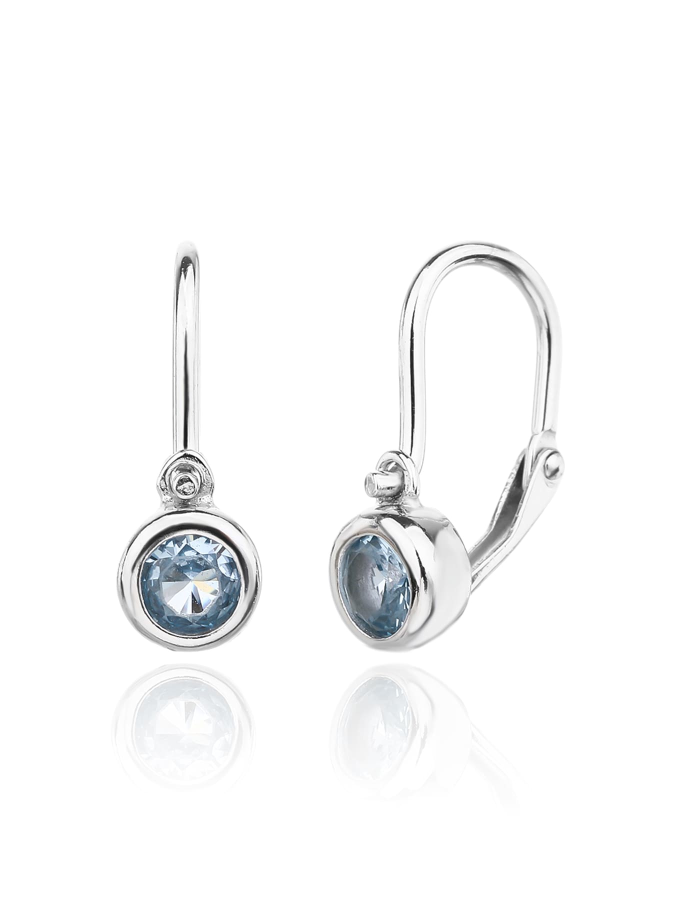 aqua blue stone baby earrings with front clasp in hallmarked, rhodium-plated 925 sterling silver – front and back views – DRESCHER Jewellery®