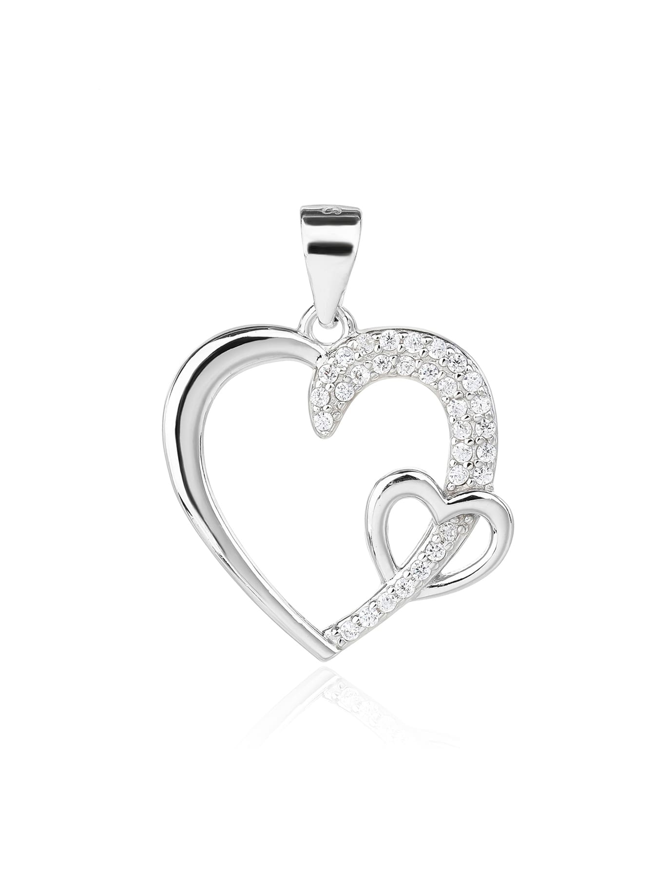 Asymmetrical heart pendant with zirconia in hallmarked, rhodium-plated 925 sterling silver – alternate front view – DRESCHER Jewellery®
